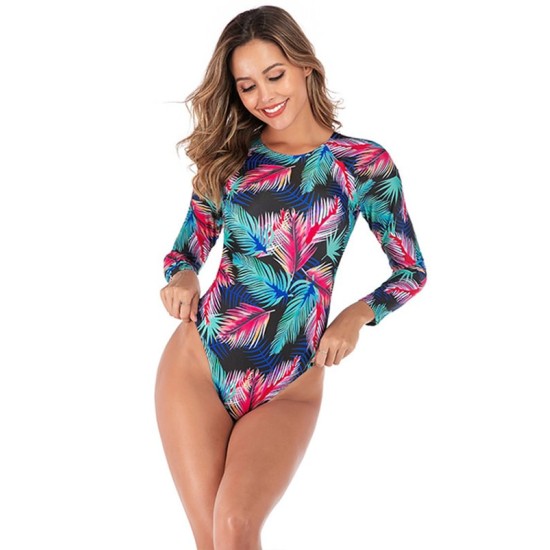 Floral Long Sleeve Backless Rash Guard One-Piece Swimwear Floral Long Sleeve Backless Rash Guard One-Piece Swimwear