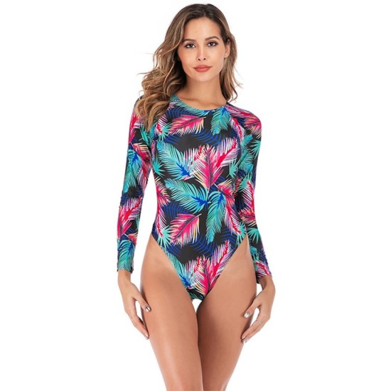 Floral Long Sleeve Backless Rash Guard One-Piece Swimwear Floral Long Sleeve Backless Rash Guard One-Piece Swimwear