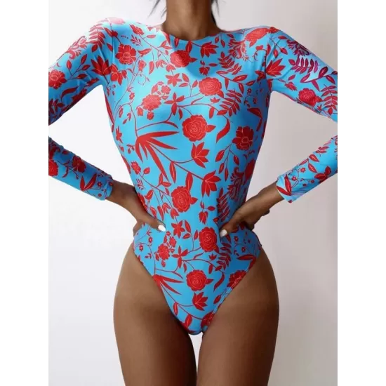One-Piece Long Sleeve Floral Backless Round-Neck Wetsuit One-Piece Long Sleeve Floral Backless Round-Neck Wetsuit