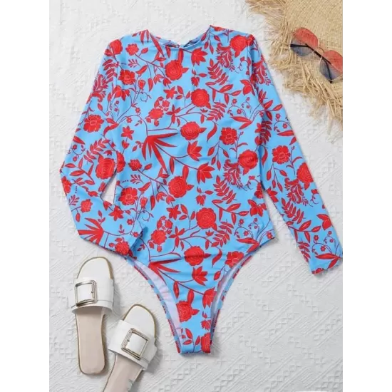 One-Piece Long Sleeve Floral Backless Round-Neck Wetsuit One-Piece Long Sleeve Floral Backless Round-Neck Wetsuit