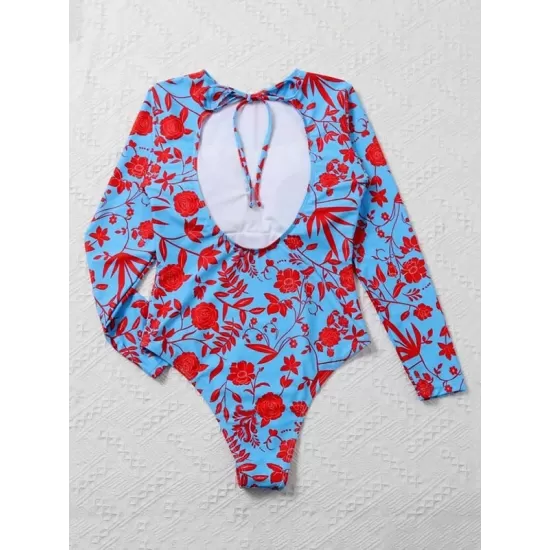 One-Piece Long Sleeve Floral Backless Round-Neck Wetsuit One-Piece Long Sleeve Floral Backless Round-Neck Wetsuit