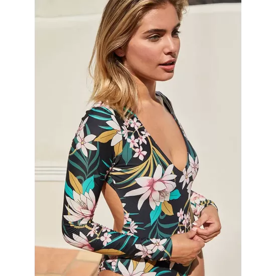 One-Piece Long Sleeve Deep V-Neck Floral Printed Backless Wetsuit One-Piece Long Sleeve Deep V-Neck Floral Printed Backless Wetsuit