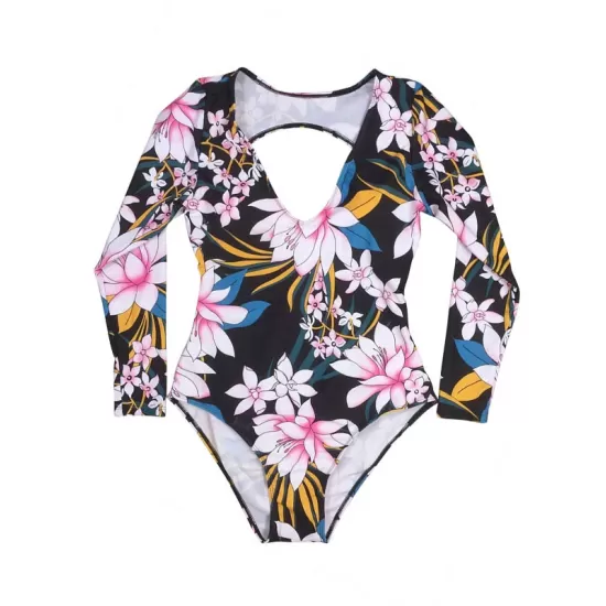 One-Piece Long Sleeve Deep V-Neck Floral Printed Backless Wetsuit One-Piece Long Sleeve Deep V-Neck Floral Printed Backless Wetsuit