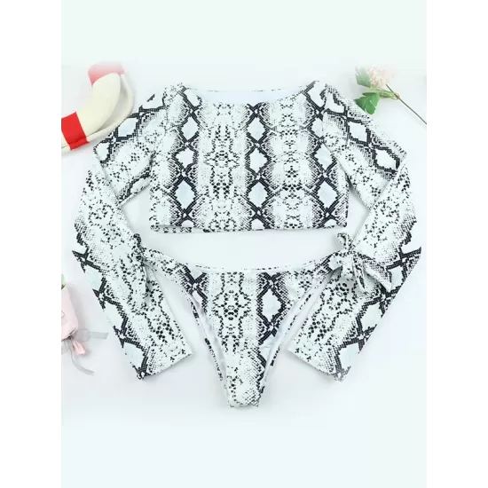 Animal Print Long Sleeve Round-Neck Tie Side Split Wetsuit Animal Print Long Sleeve Round-Neck Tie Side Split Wetsuit