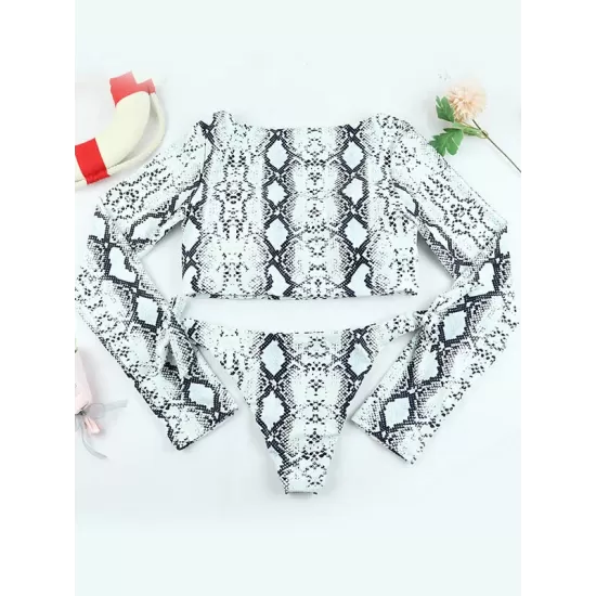 Animal Print Long Sleeve Round-Neck Tie Side Split Wetsuit Animal Print Long Sleeve Round-Neck Tie Side Split Wetsuit