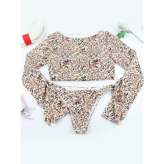 Animal Print Long Sleeve Round-Neck Tie Side Split Wetsuit Animal Print Long Sleeve Round-Neck Tie Side Split Wetsuit