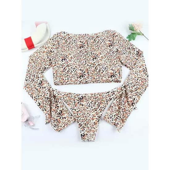 Animal Print Long Sleeve Round-Neck Tie Side Split Wetsuit Animal Print Long Sleeve Round-Neck Tie Side Split Wetsuit