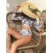 Leaf Print Long Sleeve Round-Neck High-Waisted Split Rash Guard