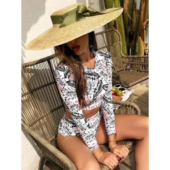 Leaf Print Long Sleeve Round-Neck High-Waisted Split Rash Guard Leaf Print Long Sleeve Round-Neck High-Waisted Split Rash Guard