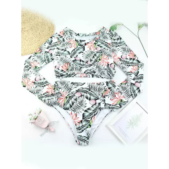 Leaf Print Long Sleeve Round-Neck High-Waisted Split Rash Guard Leaf Print Long Sleeve Round-Neck High-Waisted Split Rash Guard