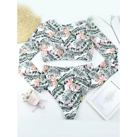 Leaf Print Long Sleeve Round-Neck High-Waisted Split Rash Guard Leaf Print Long Sleeve Round-Neck High-Waisted Split Rash Guard