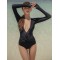 Long Sleeve Deep V-Neck Solid Color Slim One-Piece Rash Guard Swimwear