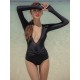 Long Sleeve Deep V-Neck Solid Color Slim One-Piece Rash Guard Swimwear Long Sleeve Deep V-Neck Solid Color Slim One-Piece Rash Guard Swimwear