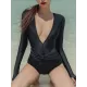 Long Sleeve Deep V-Neck Solid Color Slim One-Piece Rash Guard Swimwear Long Sleeve Deep V-Neck Solid Color Slim One-Piece Rash Guard Swimwear
