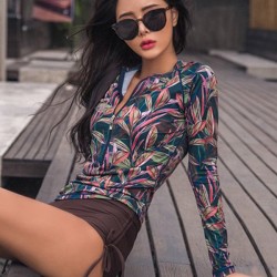 Floral Zipper Long Sleeve High-Waisted Split Wetsuit Swimwear