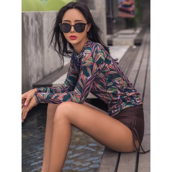 Floral Zipper Long Sleeve High-Waisted Split Wetsuit Swimwear Floral Zipper Long Sleeve High-Waisted Split Wetsuit Swimwear