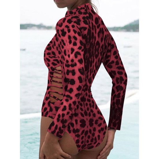 Belly-Hollow V-Neck Long Sleeve Leopard One-Piece Wetsuit Swimwear Belly-Hollow V-Neck Long Sleeve Leopard One-Piece Wetsuit Swimwear