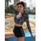 Leaf Print Round-Neck Long Sleeve High-Waisted Wetsuit Swimwear