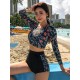 Leaf Print Round-Neck Long Sleeve High-Waisted Wetsuit Swimwear Leaf Print Round-Neck Long Sleeve High-Waisted Wetsuit Swimwear