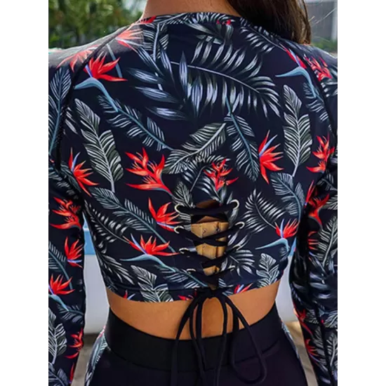 Leaf Print Round-Neck Long Sleeve High-Waisted Wetsuit Swimwear Leaf Print Round-Neck Long Sleeve High-Waisted Wetsuit Swimwear
