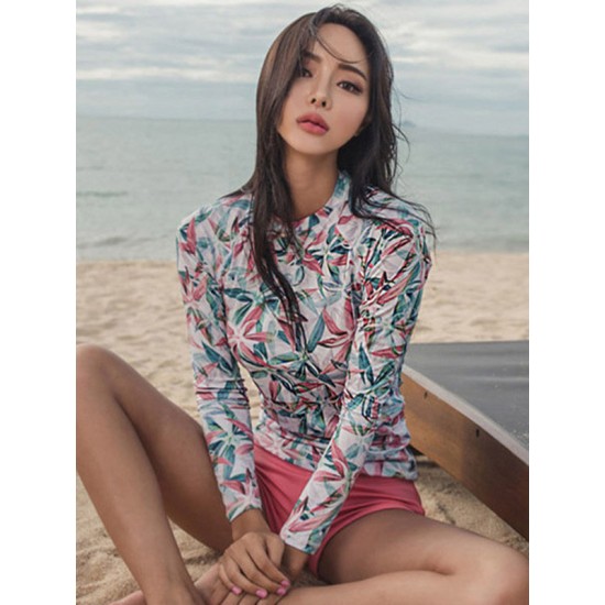 Round-Neck Long Sleeve Leaf Print Slim Split Wetsuit Swimwear Round-Neck Long Sleeve Leaf Print Slim Split Wetsuit Swimwear