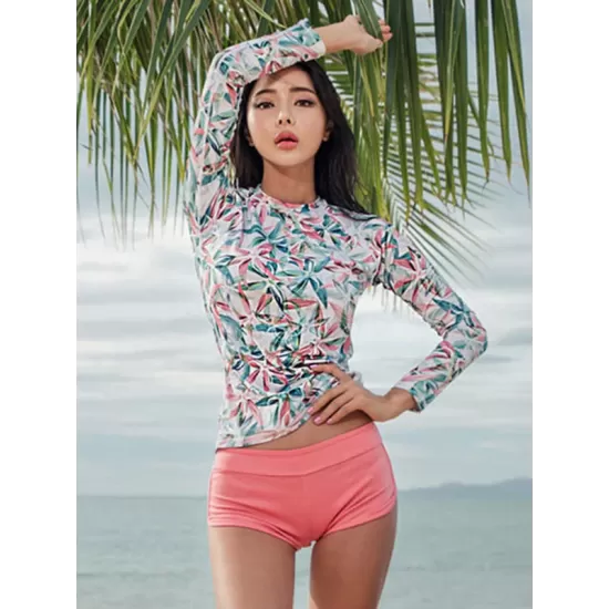 Round-Neck Long Sleeve Leaf Print Slim Split Wetsuit Swimwear Round-Neck Long Sleeve Leaf Print Slim Split Wetsuit Swimwear