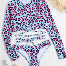 Sexy Leopard Bandage Padded Hipster Long Sleeve Wetsuit Swimwear