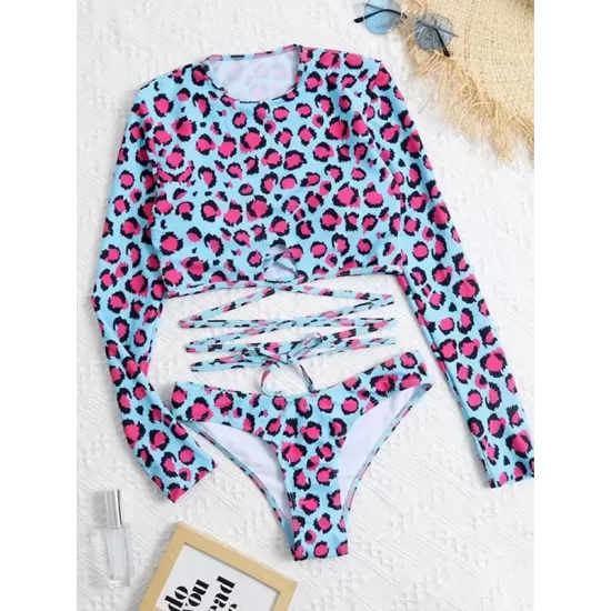Sexy Leopard Bandage Padded Hipster Long Sleeve Wetsuit Swimwear Sexy Leopard Bandage Padded Hipster Long Sleeve Wetsuit Swimwear