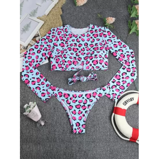 Sexy Leopard Bandage Padded Hipster Long Sleeve Wetsuit Swimwear Sexy Leopard Bandage Padded Hipster Long Sleeve Wetsuit Swimwear