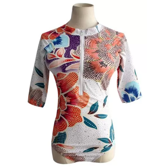Half Sleeve Deep V-Neck Floral Print Zipper One-Piece Wetsuit Swimwear Half Sleeve Deep V-Neck Floral Print Zipper One-Piece Wetsuit Swimwear