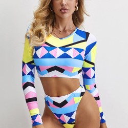Geometric Print Round-Neck Padded High-Waisted Long Sleeve Wetsuit Swimwear