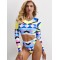 Geometric Print Round-Neck Padded High-Waisted Long Sleeve Wetsuit Swimwear