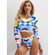 Geometric Print Round-Neck Padded High-Waisted Long Sleeve Wetsuit Swimwear Geometric Print Round-Neck Padded High-Waisted Long Sleeve Wetsuit Swimwear