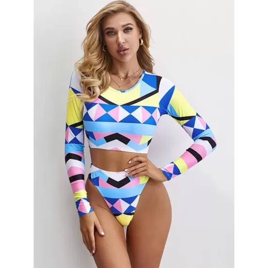 Geometric Print Round-Neck Padded High-Waisted Long Sleeve Wetsuit Swimwear Geometric Print Round-Neck Padded High-Waisted Long Sleeve Wetsuit Swimwear