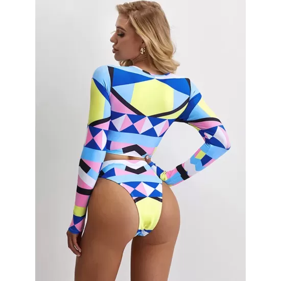 Geometric Print Round-Neck Padded High-Waisted Long Sleeve Wetsuit Swimwear Geometric Print Round-Neck Padded High-Waisted Long Sleeve Wetsuit Swimwear