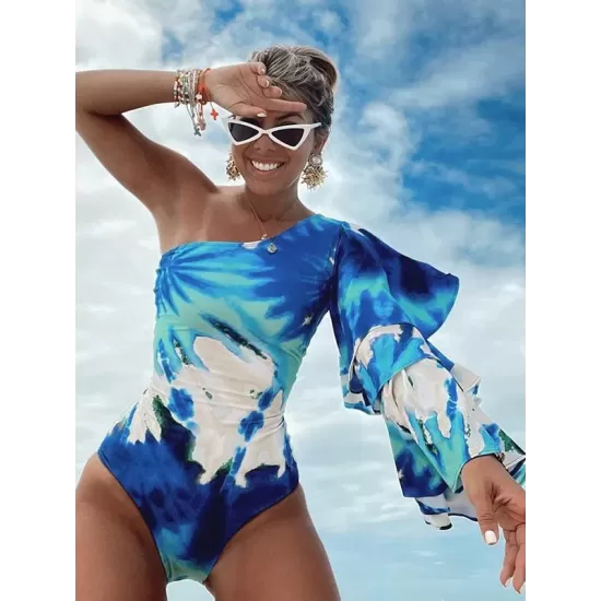 Tie-Dyed One-Shoulder Long Sleeve Fluffy One-Piece Wetsuit Swimwear Tie-Dyed One-Shoulder Long Sleeve Fluffy One-Piece Wetsuit Swimwear