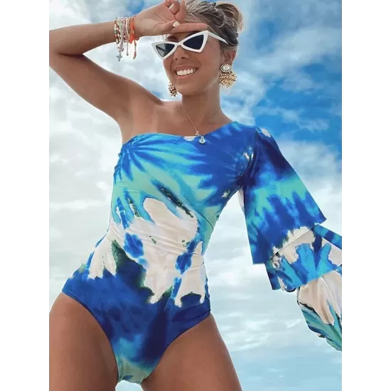 Tie-Dyed One-Shoulder Long Sleeve Fluffy One-Piece Wetsuit Swimwear Tie-Dyed One-Shoulder Long Sleeve Fluffy One-Piece Wetsuit Swimwear