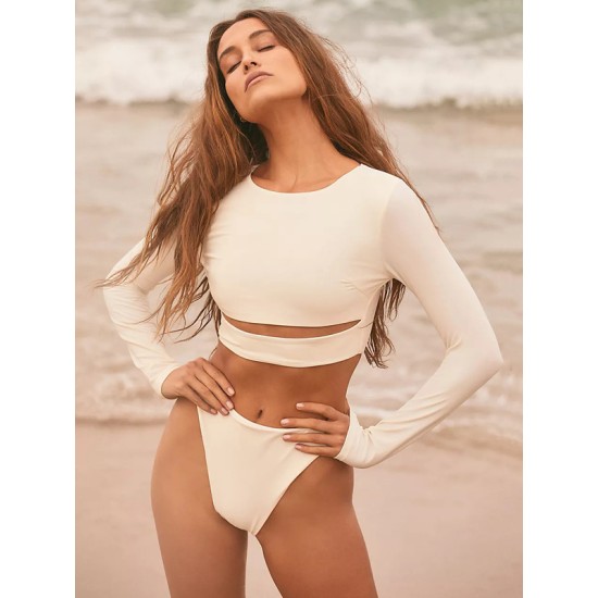 Solid Color Long Sleeve Hollow High-Waisted Simple Wetsuit Swimwear Solid Color Long Sleeve Hollow High-Waisted Simple Wetsuit Swimwear