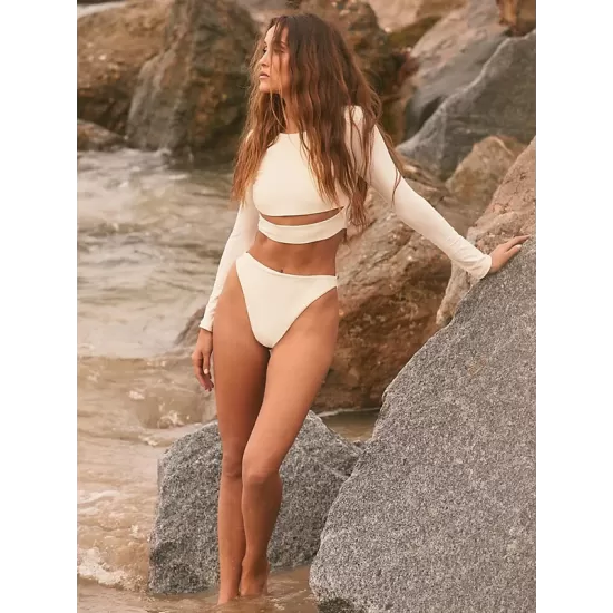 Solid Color Long Sleeve Hollow High-Waisted Simple Wetsuit Swimwear Solid Color Long Sleeve Hollow High-Waisted Simple Wetsuit Swimwear