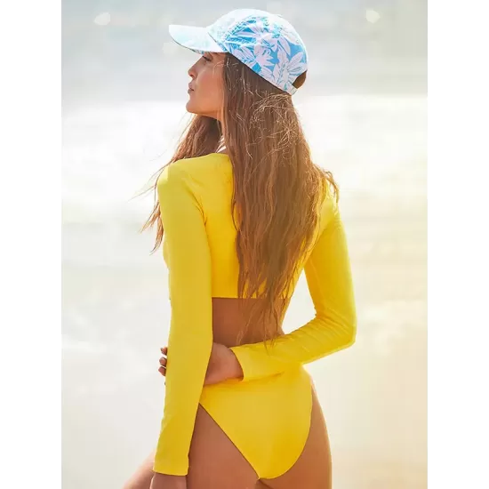 Solid Color Long Sleeve Hollow High-Waisted Simple Wetsuit Swimwear Solid Color Long Sleeve Hollow High-Waisted Simple Wetsuit Swimwear