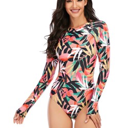 Round-Neck Long Sleeve Leaves Print Zipper Sexy Slim Rash Guards Swimwear