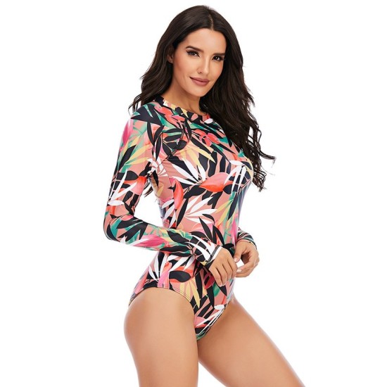 Round-Neck Long Sleeve Leaves Print Zipper Sexy Slim Rash Guards Swimwear Round-Neck Long Sleeve Leaves Print Zipper Sexy Slim Rash Guards Swimwear