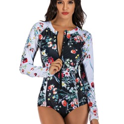Zipper Contrast Color Floral Print Slim Surfing One-Piece Wetsuit Swimwear
