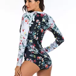 Zipper Contrast Color Floral Print Slim Surfing One-Piece Wetsuit Swimwear