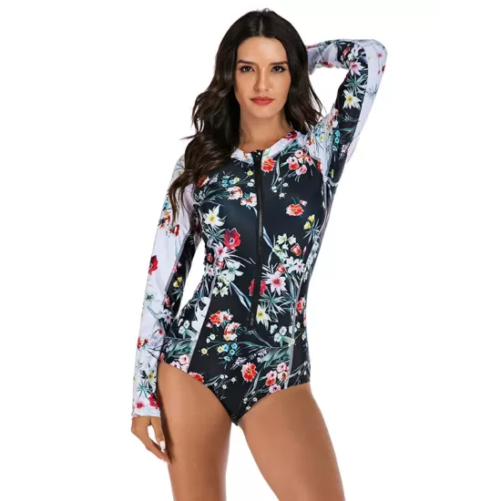 Zipper Contrast Color Floral Print Slim Surfing One-Piece Wetsuit Swimwear Zipper Contrast Color Floral Print Slim Surfing One-Piece Wetsuit Swimwear