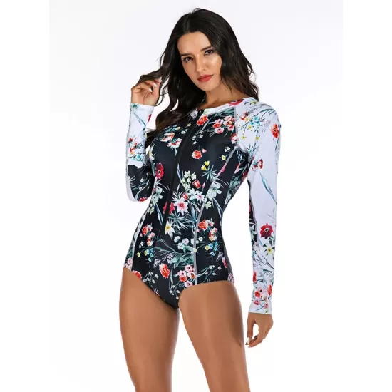 Zipper Contrast Color Floral Print Slim Surfing One-Piece Wetsuit Swimwear Zipper Contrast Color Floral Print Slim Surfing One-Piece Wetsuit Swimwear
