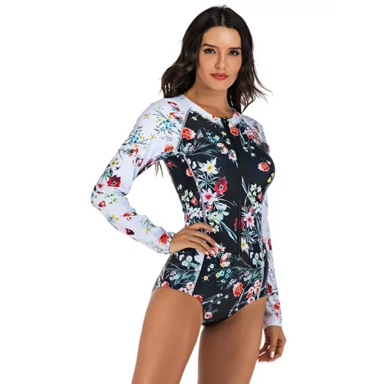 Zipper Contrast Color Floral Print Slim Surfing One-Piece Wetsuit Swimwear Zipper Contrast Color Floral Print Slim Surfing One-Piece Wetsuit Swimwear