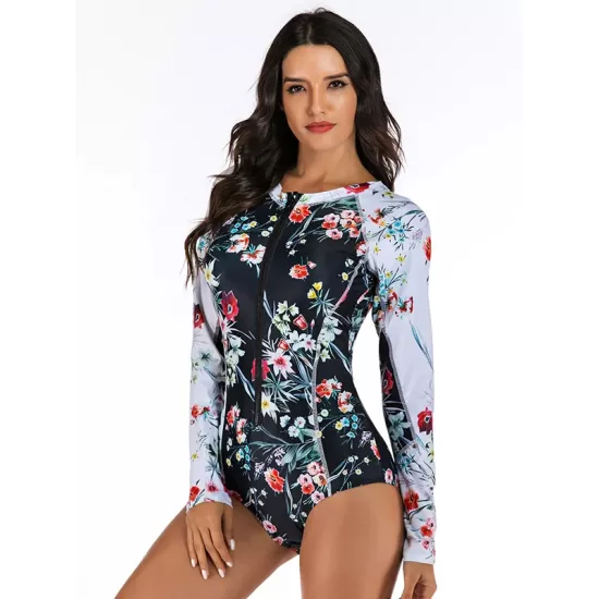 Zipper Contrast Color Floral Print Slim Surfing One-Piece Wetsuit Swimwear Zipper Contrast Color Floral Print Slim Surfing One-Piece Wetsuit Swimwear
