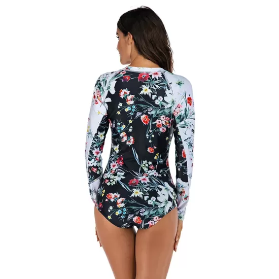 Zipper Contrast Color Floral Print Slim Surfing One-Piece Wetsuit Swimwear Zipper Contrast Color Floral Print Slim Surfing One-Piece Wetsuit Swimwear