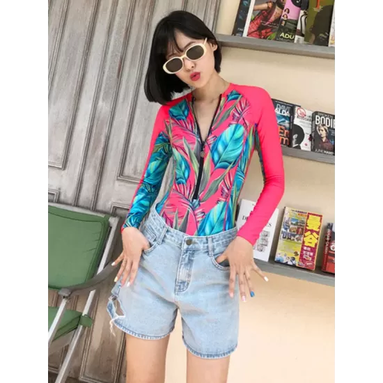 Fashion Leaves Print Zipper Sexy Surfing Slim One-Piece Wetsuit Swimwear Fashion Leaves Print Zipper Sexy Surfing Slim One-Piece Wetsuit Swimwear